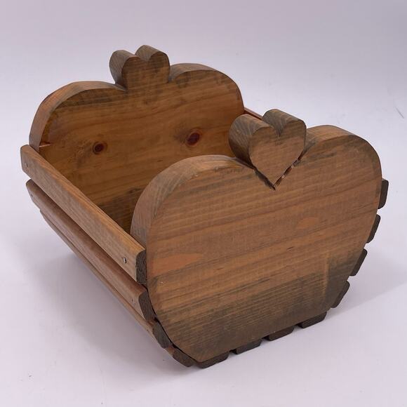 Handmade Decorative Wooden Basket Apple Shaped Storage Box Heart Stem 6 inch - Picture 11 of 11